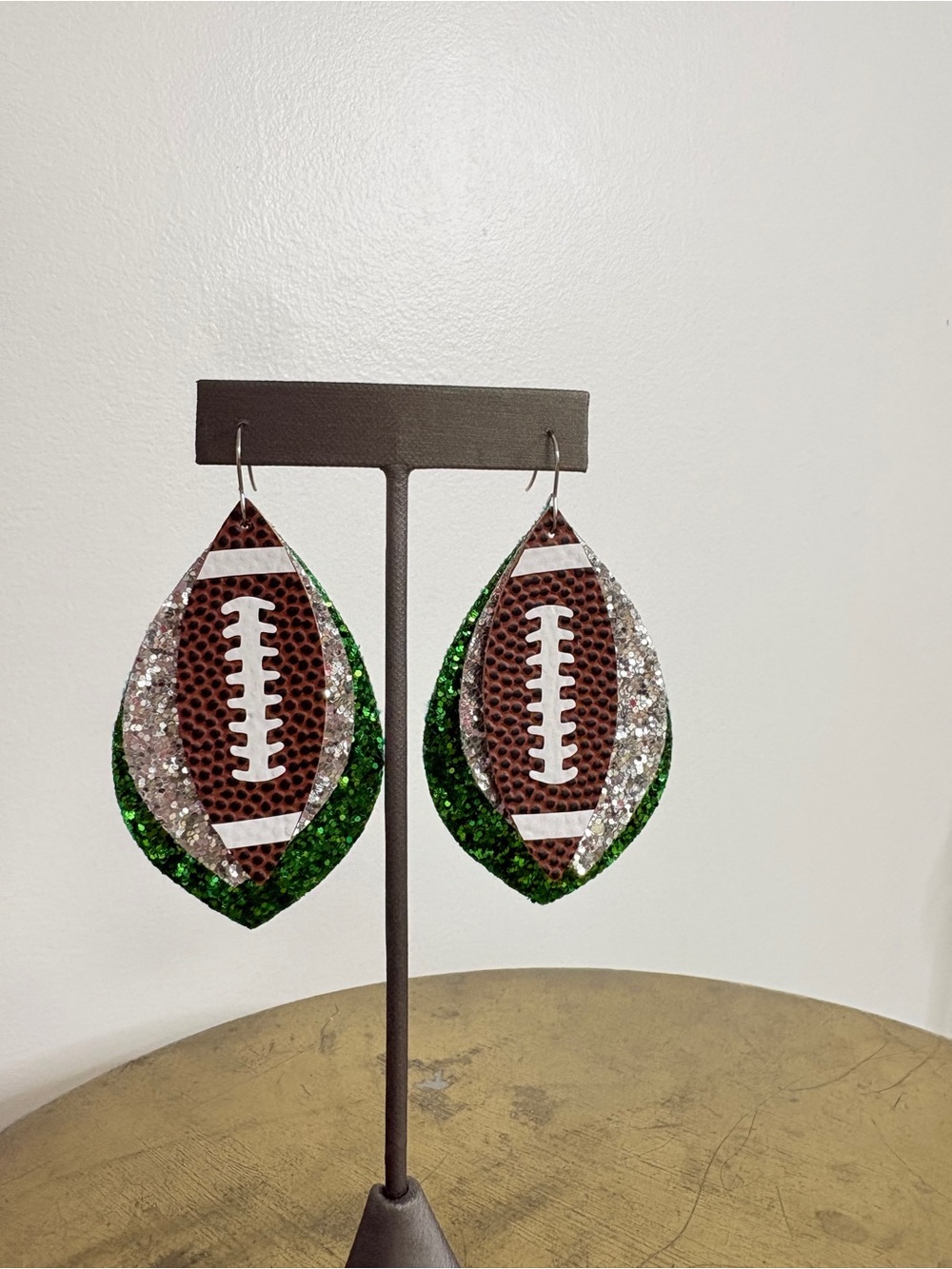Glitter Football Teardrop Earrings in Brown, Silver & Green